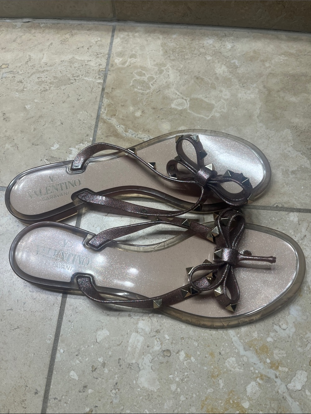 Valentino Metallic Chocolate Bow Jelly Sandals with Studs